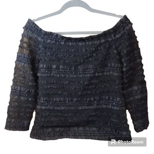 Cattiva VTG  Black Mesh Ruffled Top Size Medium Off Shoulders Shimmery .
